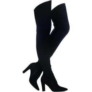 Women Suede Black Stretch Thigh High Over The Knee Chunky Heel Pointed Toe Boots